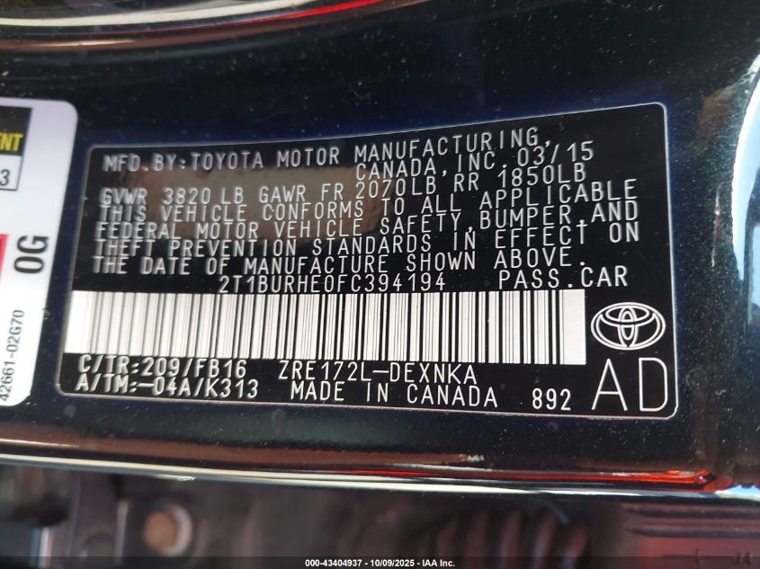 2015 Toyota Corolla Le VIN: 2T1BURHE0FC394194 Lot: 43404937