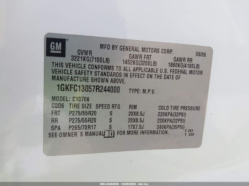 2007 GMC Yukon Slt VIN: 1GKFC13057R244000 Lot: 43404938