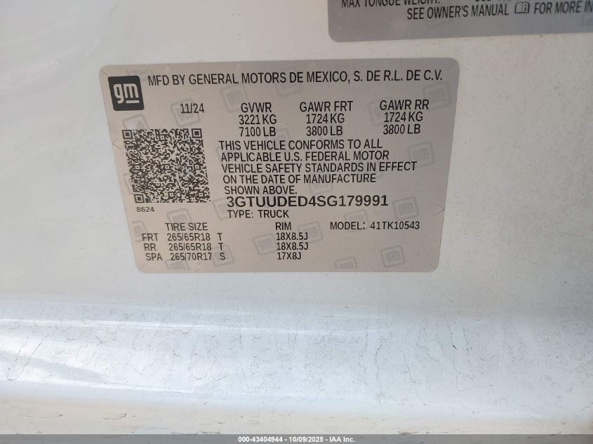 2025 GMC Sierra 1500 4Wd Short Box Slt VIN: 3GTUUDED4SG179991 Lot: 43404944