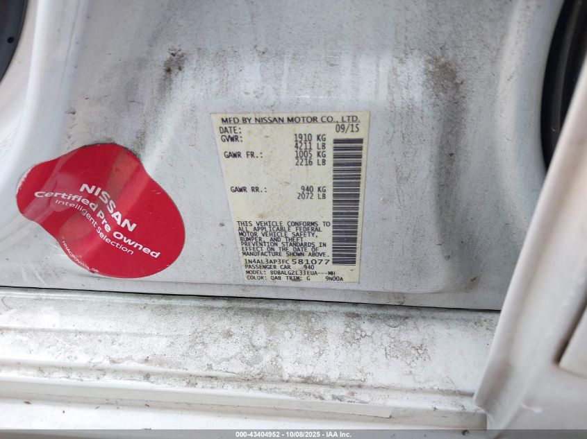 2015 Nissan Altima 2.5 S VIN: 1N4AL3AP3FC581077 Lot: 43404952