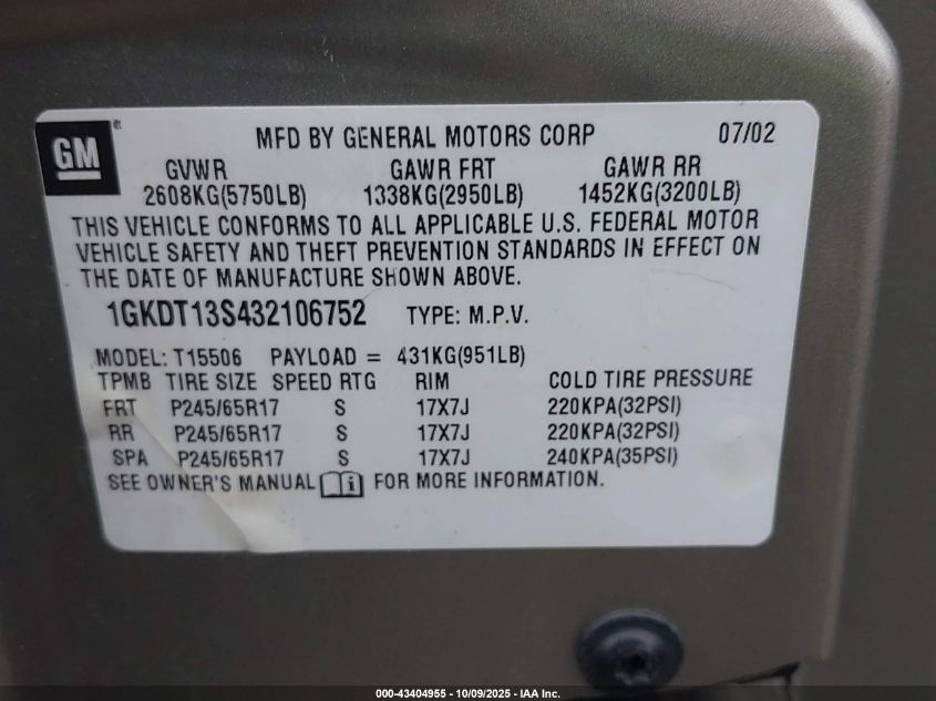 2003 GMC Envoy Slt VIN: 1GKDT13S432106752 Lot: 43404955