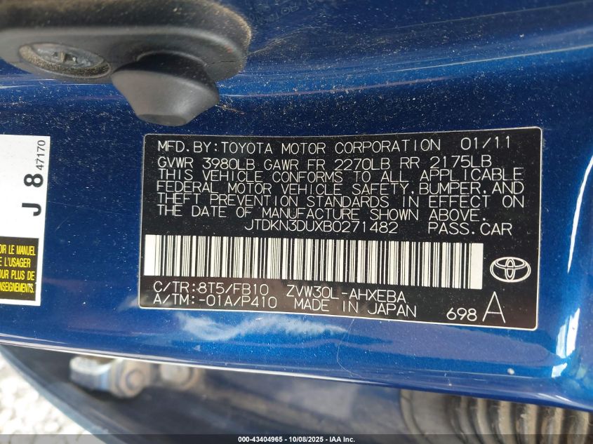 2011 Toyota Prius Two VIN: JTDKN3DUXB0271482 Lot: 43404965