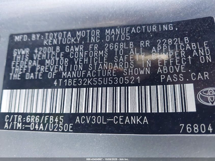 2005 Toyota Camry Le VIN: 4T1BE32K55U530521 Lot: 43404967