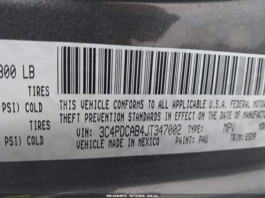 2018 Dodge Journey Se VIN: 3C4PDCAB4JT347002 Lot: 43404975