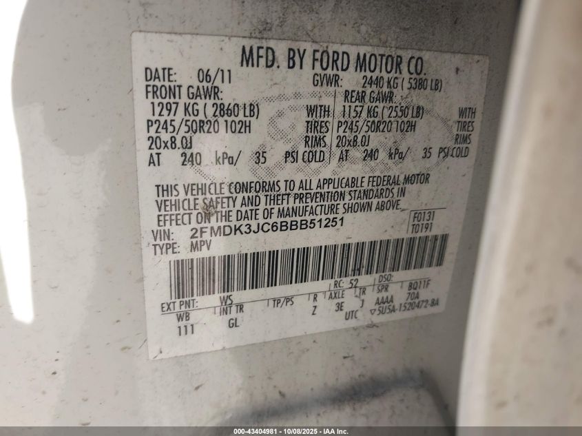 2011 Ford Edge Sel VIN: 2FMDK3JC6BBB51251 Lot: 43404981