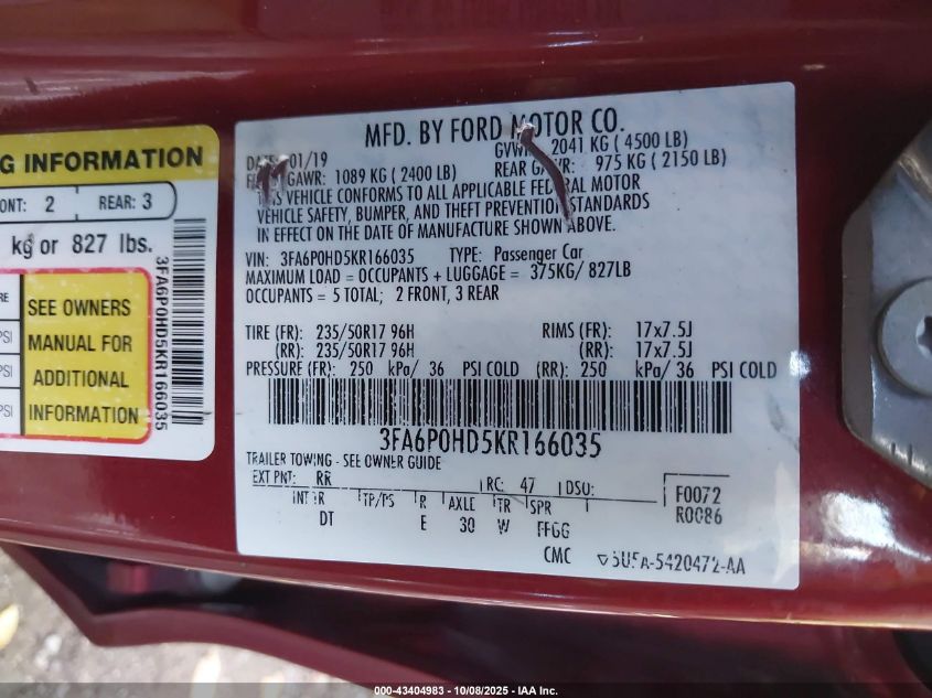 2019 Ford Fusion Se VIN: 3FA6P0HD5KR166035 Lot: 43404983