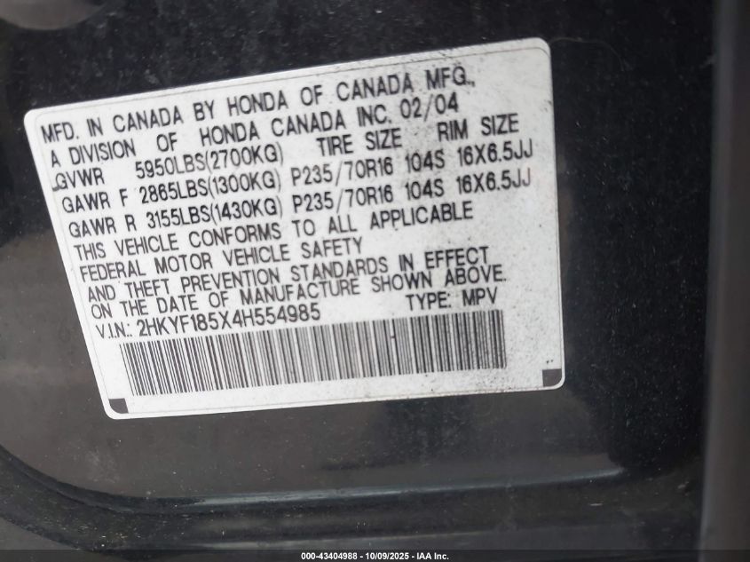 2004 Honda Pilot Ex-L VIN: 2HKYF185X4H554985 Lot: 43404988