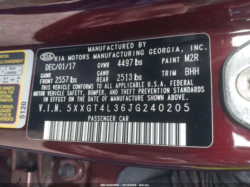 2018 Kia Optima Lx VIN: 5XXGT4L36JG240205 Lot: 43404989