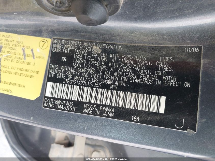 2007 Toyota Highlander V6 VIN: JTEGP21A270131353 Lot: 43404993