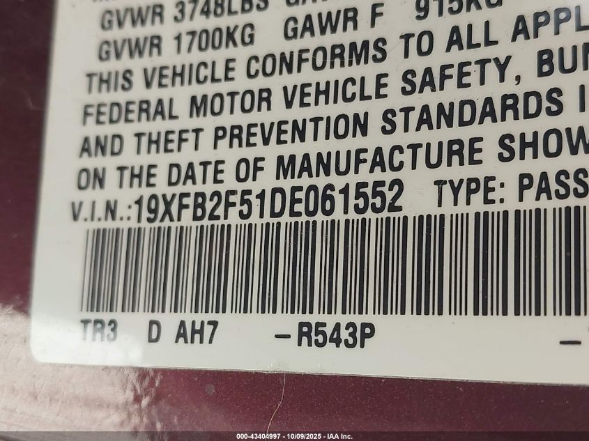 2013 Honda Civic Lx VIN: 19XFB2F51DE061552 Lot: 43404997