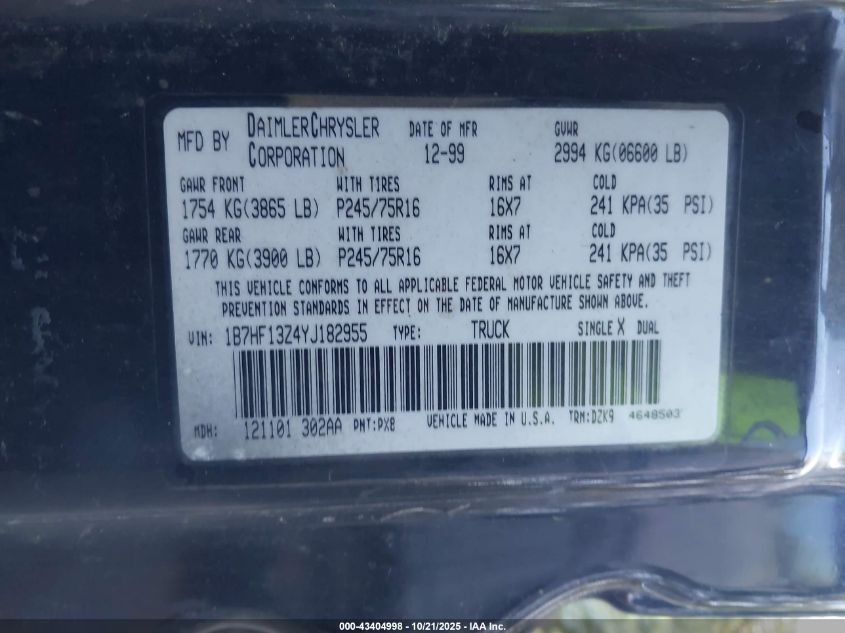 2000 Dodge Ram 1500 St VIN: 1B7HF13Z4YJ182955 Lot: 43404998