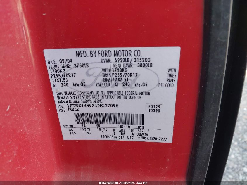 2004 Ford F-150 Stx/Xl/Xlt VIN: 1FTRX14WX4NC27096 Lot: 43405000