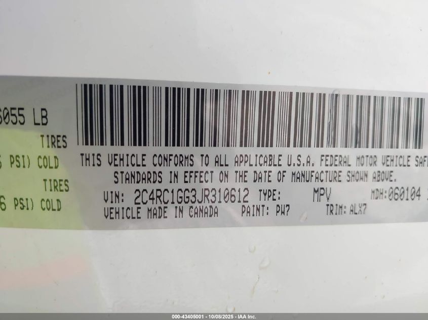 2018 Chrysler Pacifica Limited VIN: 2C4RC1GG3JR310612 Lot: 43405001