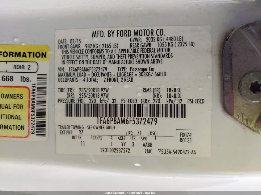 2015 Ford Mustang V6 VIN: 1FA6P8AM6F5372479 Lot: 43405004