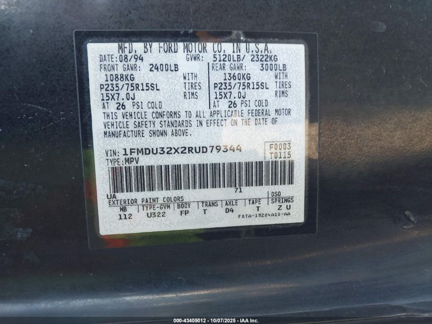 1994 Ford Explorer VIN: 1FMDU32X2RUD79344 Lot: 43405012