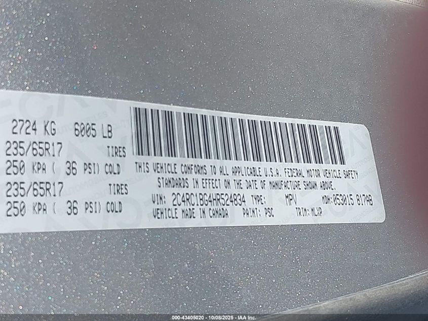 2017 Chrysler Pacifica Touring-L VIN: 2C4RC1BG4HR524834 Lot: 43405020