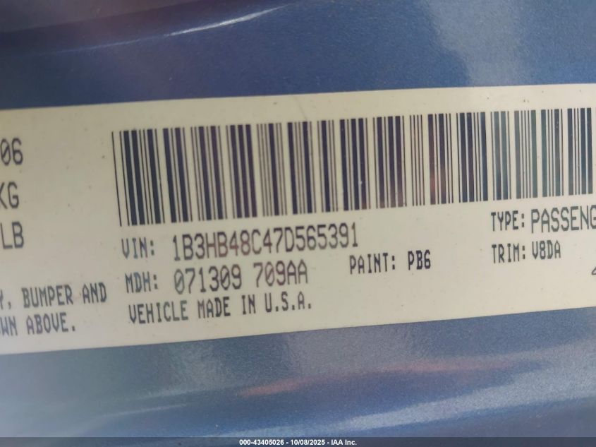 2007 Dodge Caliber Sxt VIN: 1B3HB48C47D565391 Lot: 43405026