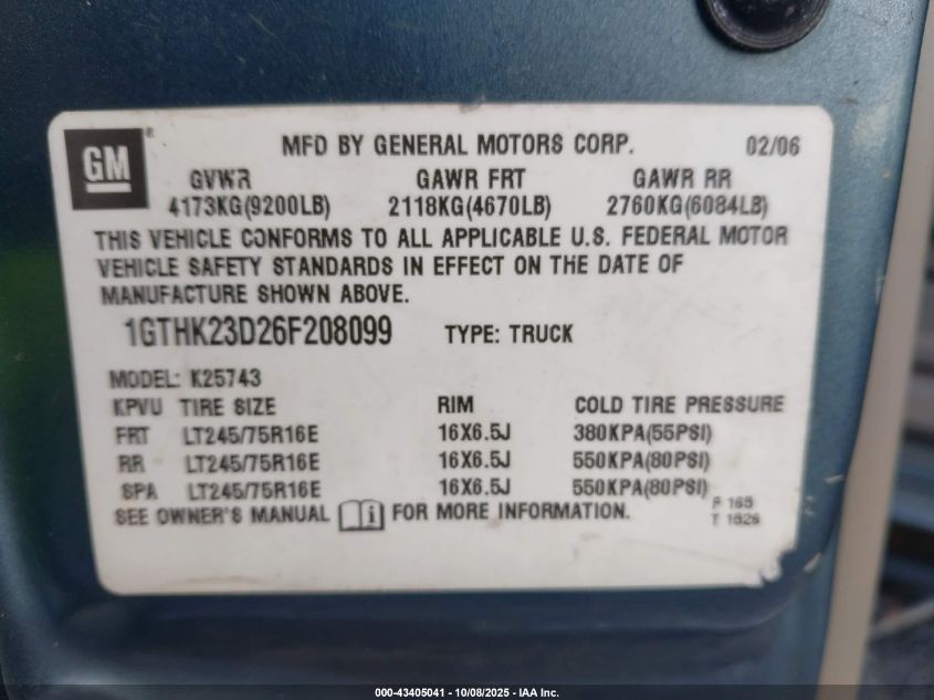 2006 GMC Sierra 2500Hd Slt VIN: 1GTHK23D26F208099 Lot: 43405041