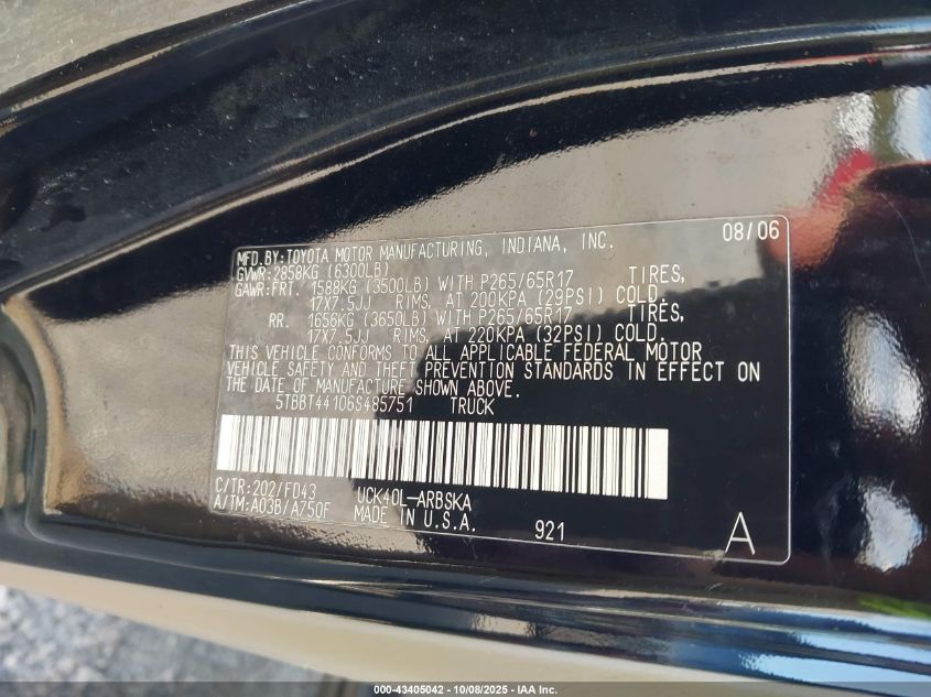 2006 Toyota Tundra Sr5 V8 VIN: 5TBBT44106S485751 Lot: 43405042