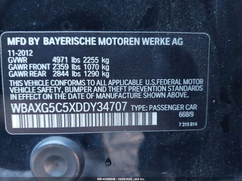 2013 BMW 528I VIN: WBAXG5C5XDDY34707 Lot: 43405046