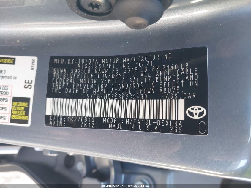 2025 Toyota Corolla Le VIN: 5YFB4MDE9SP232499 Lot: 43405051