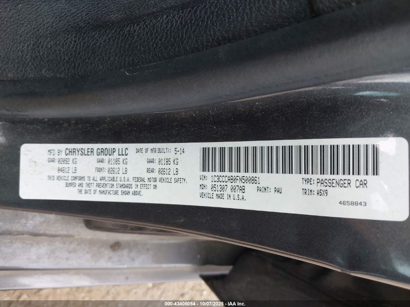 2015 Chrysler 200 Limited VIN: 1C3CCCAB0FN500861 Lot: 43405054