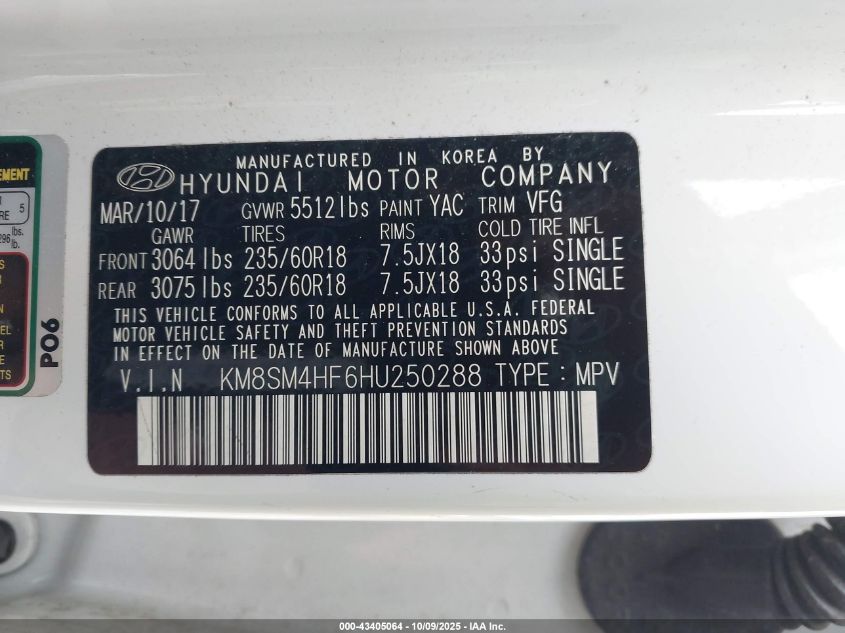 2017 Hyundai Santa Fe Se VIN: KM8SM4HF6HU250288 Lot: 43405064