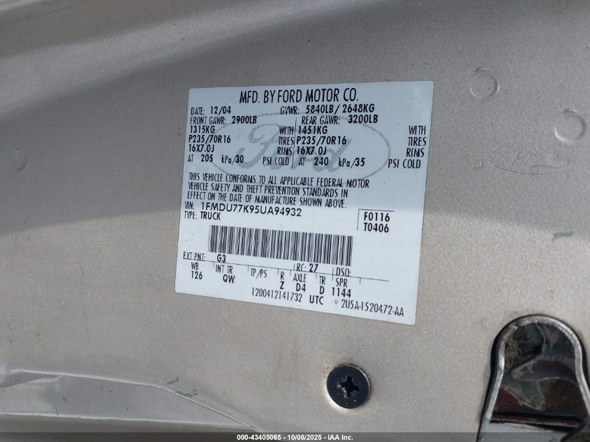 2005 Ford Explorer Sport Trac Adrenalin/Xls/Xlt VIN: 1FMDU77K95UA94932 Lot: 43405065