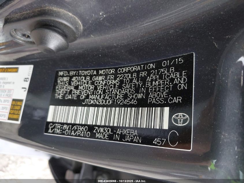 2015 Toyota Prius Two VIN: JTDKN3DU0F1924546 Lot: 43405066