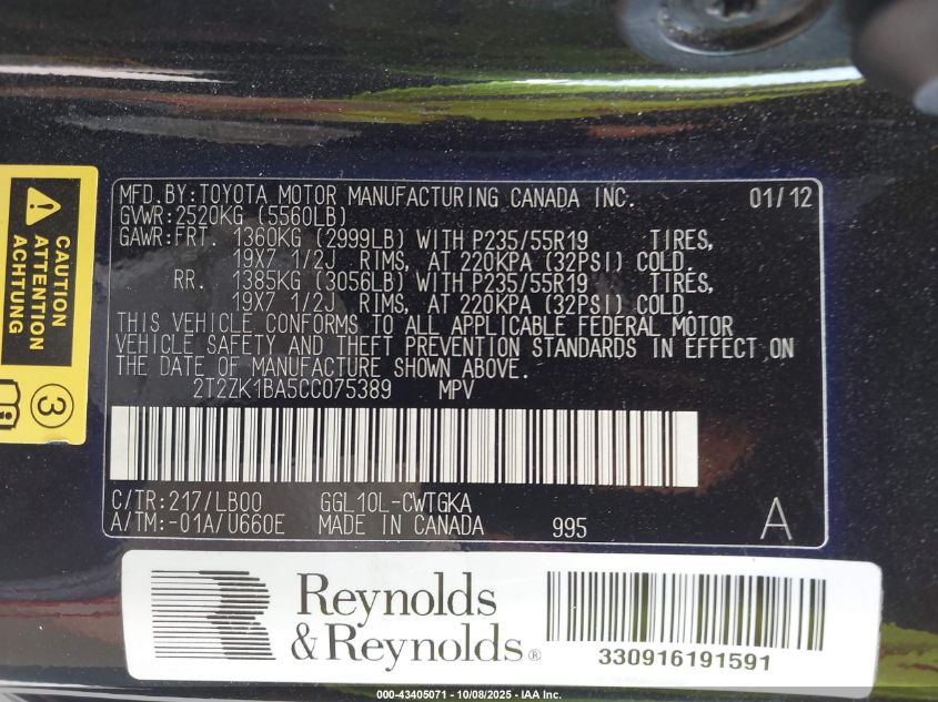 2012 Lexus Rx 350 VIN: 2T2ZK1BA5CC075389 Lot: 43405071