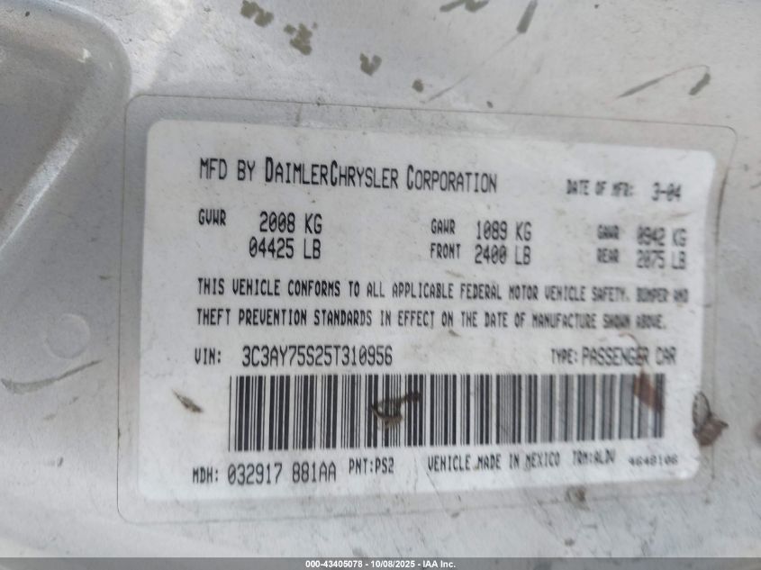 2005 Chrysler Pt Cruiser Gt VIN: 3C3AY75S25T310956 Lot: 43405078
