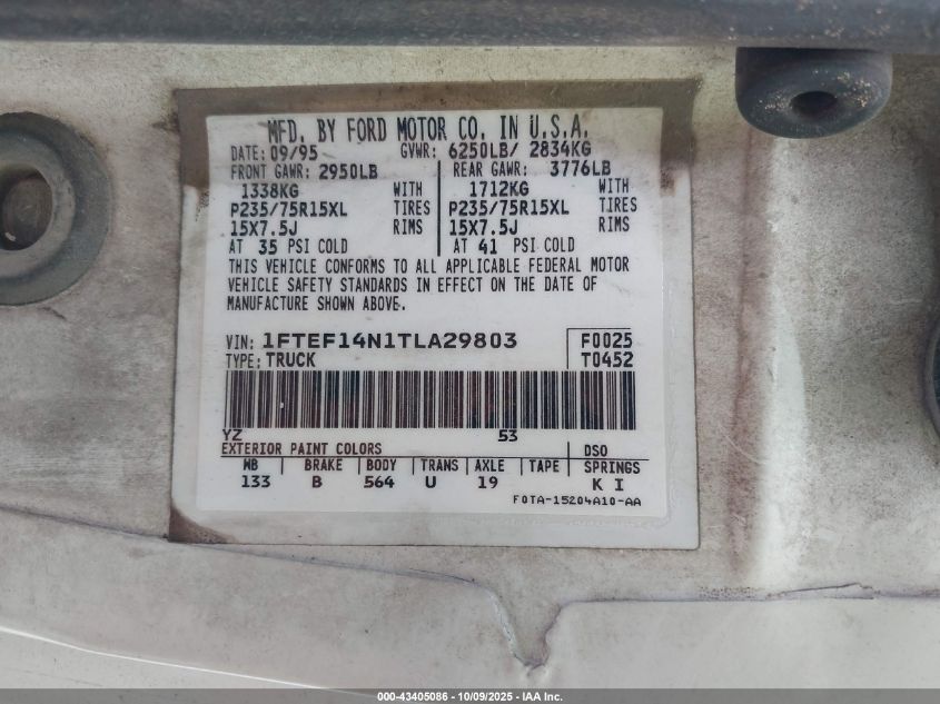 1996 Ford F150 VIN: 1FTEF14N1TLA29803 Lot: 43405086