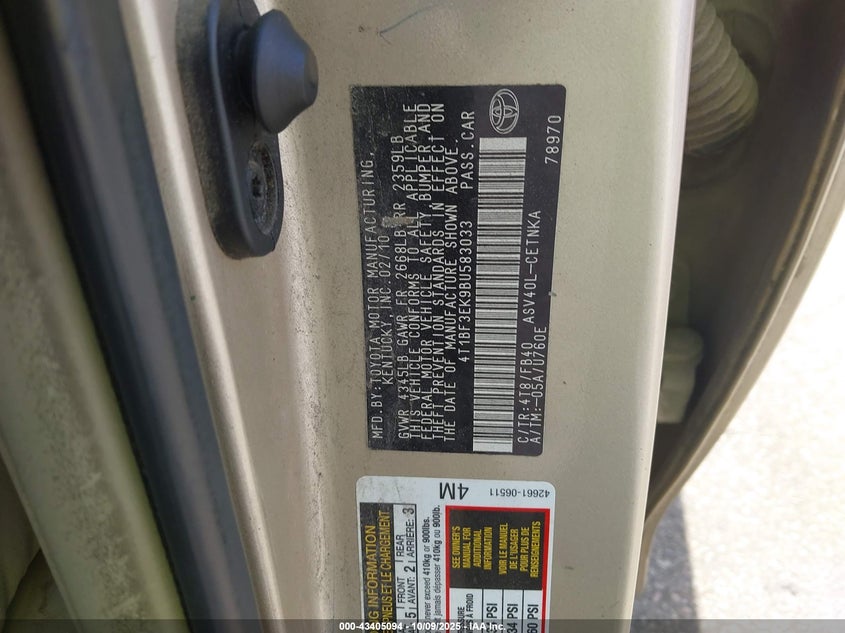 2011 Toyota Camry Le VIN: 4T1BF3EK9BU583033 Lot: 43405094