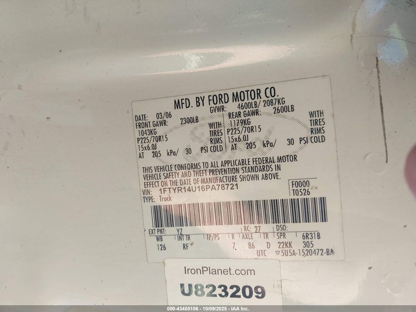 2006 Ford Ranger Sport/Stx/Xl/Xlt VIN: 1FTYR14U16PA78721 Lot: 43405106