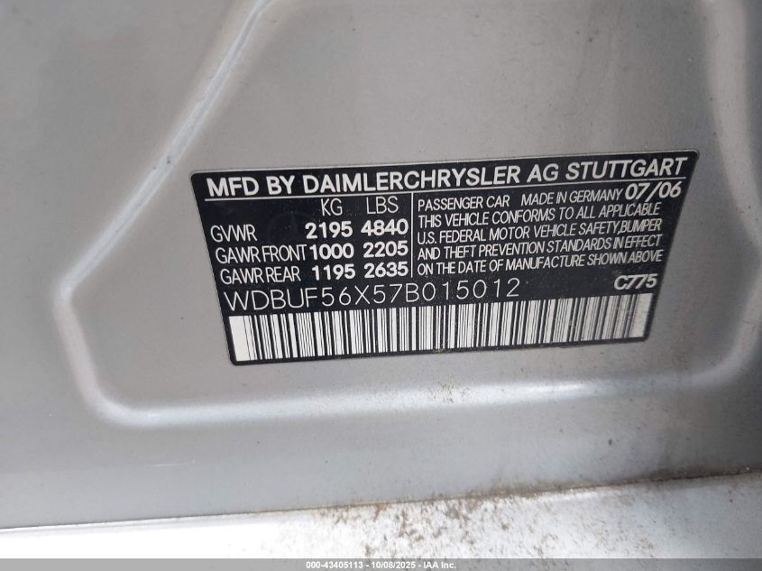 2007 Mercedes-Benz E 350 VIN: WDBUF56X57B015012 Lot: 43405113