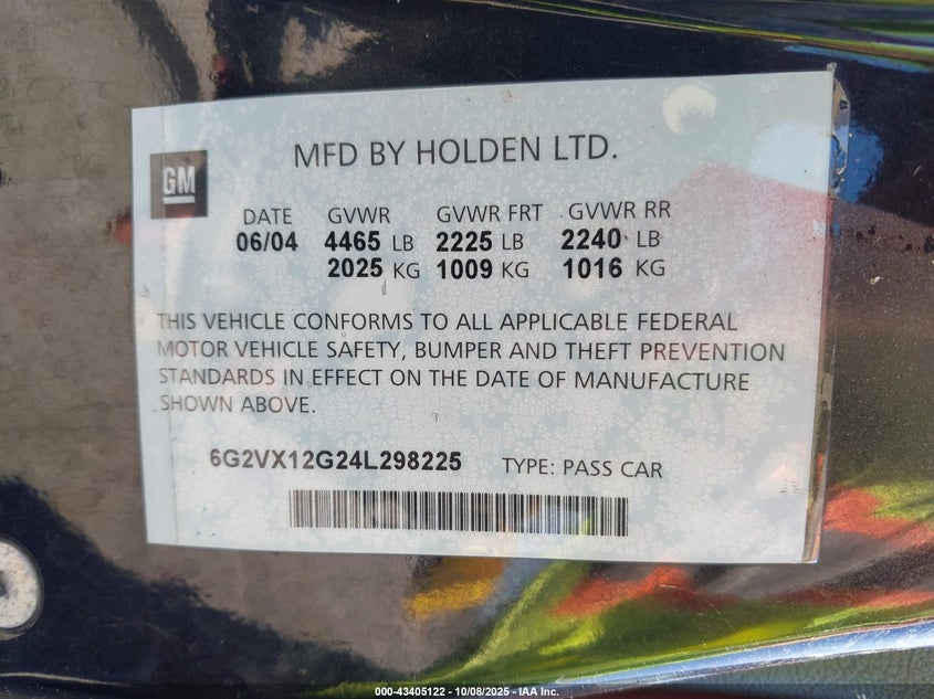 2004 Pontiac Gto VIN: 6G2VX12G24L298225 Lot: 43405122