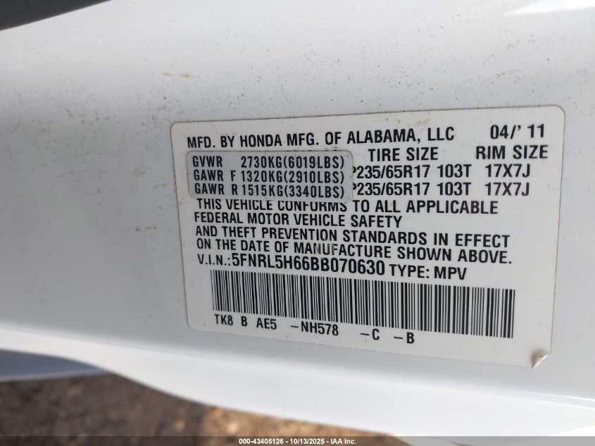 2011 Honda Odyssey Ex-L VIN: 5FNRL5H66BB070630 Lot: 43405126