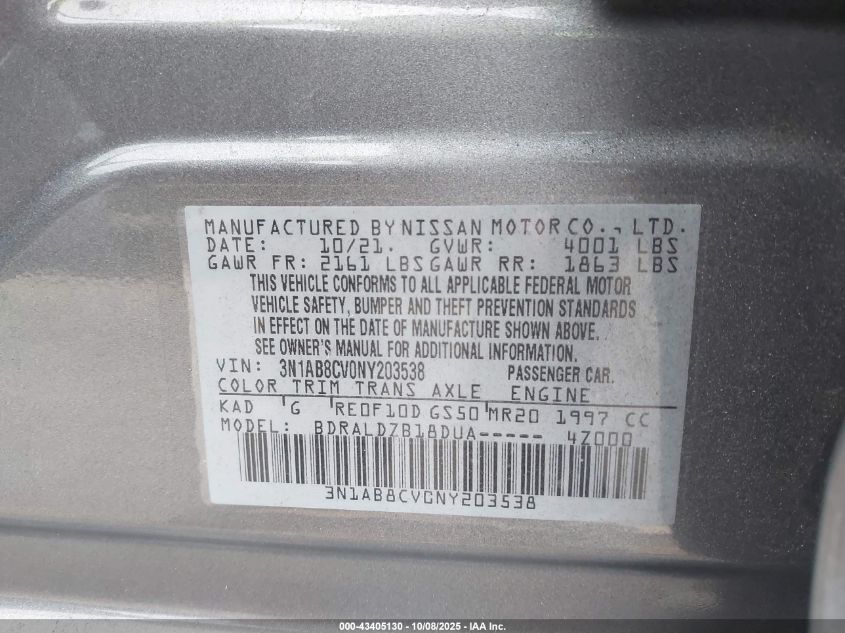 2022 Nissan Sentra Sv Xtronic Cvt VIN: 3N1AB8CV0NY203538 Lot: 43405130