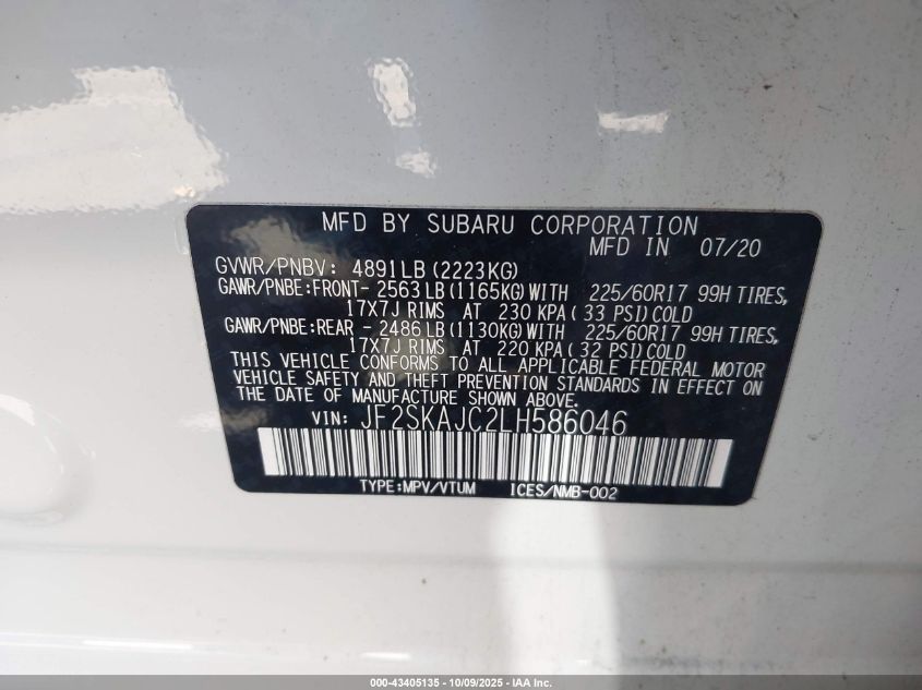 2020 Subaru Forester Premium VIN: JF2SKAJC2LH586046 Lot: 43405135