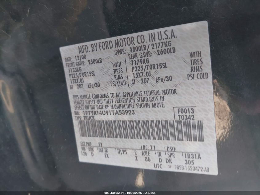 2001 Ford Ranger Super Cab VIN: 1FTYR14U91TA53923 Lot: 43405151