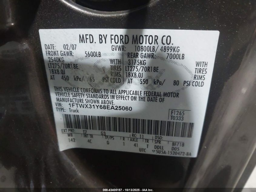 2008 Ford F-350 Fx4/Lariat/Xl/Xlt VIN: 1FTWX31Y68EA25060 Lot: 43405157