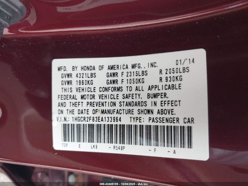 2014 Honda Accord Ex-L VIN: 1HGCR2F83EA133964 Lot: 43405159