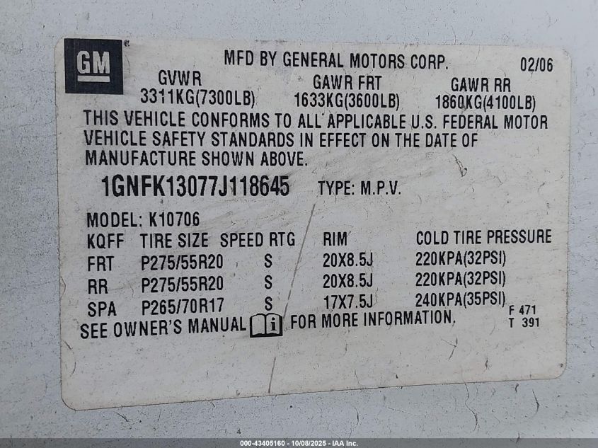 2007 Chevrolet Tahoe Ltz VIN: 1GNFK13077J118645 Lot: 43405160