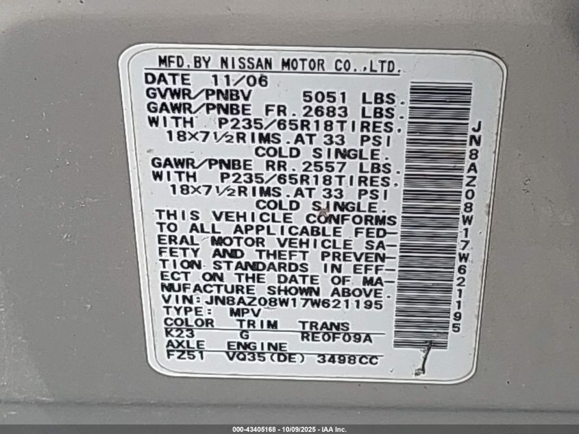 2007 Nissan Murano Sl VIN: JN8AZ08W17W621195 Lot: 43405168