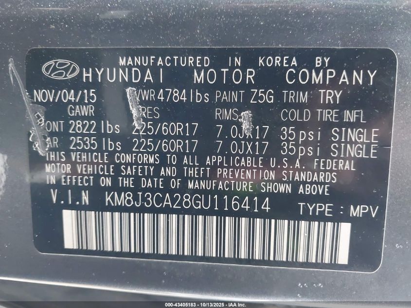 2016 Hyundai Tucson Eco VIN: KM8J3CA28GU116414 Lot: 43405183