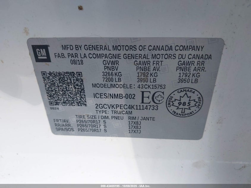 2019 Chevrolet Silverado 1500 Ld Lt VIN: 2GCVKPEC4K1114733 Lot: 43405195