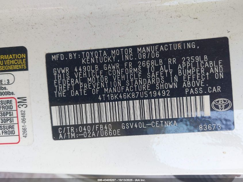 2007 Toyota Camry Le V6 VIN: 4T1BK46K87U519492 Lot: 43405207