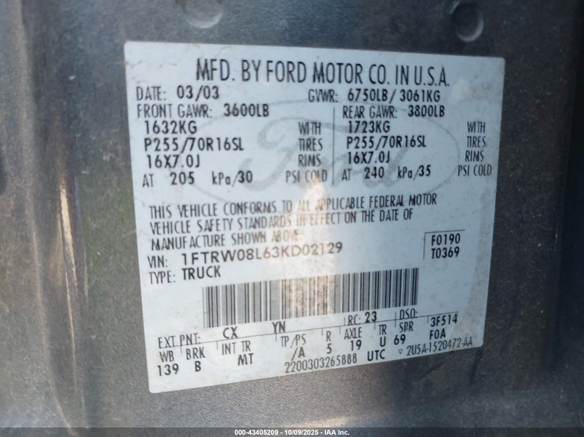 1FTRW08L63KD02129 2003 FORD F-150 photo no. 9