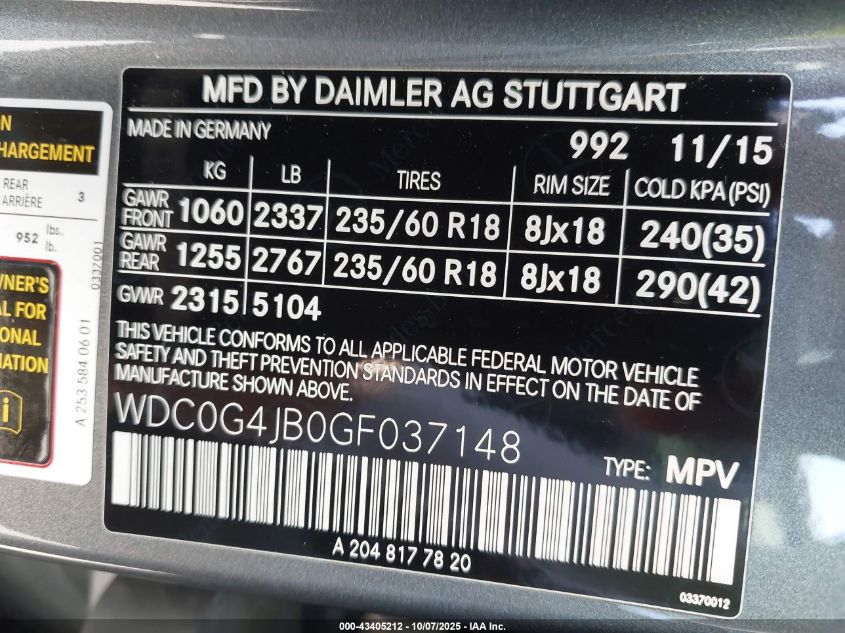 2016 Mercedes-Benz Glc 300 VIN: WDC0G4JB0GF037148 Lot: 43405212