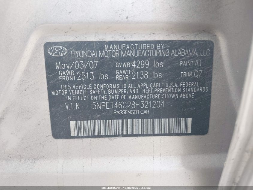 2008 Hyundai Sonata Gls VIN: 5NPET46C28H321204 Lot: 43405219